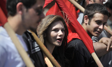 Young leftwing protesters march in Athens