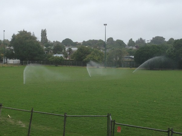 Weirdisms: As ex-Cyclone Lusi bears down on Auckland, Auckland Council has the sprinklers turned on at Fowlds Park Mt Albert.