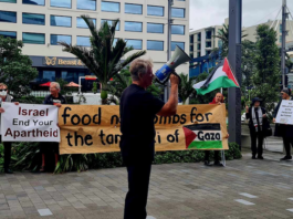 PSNA spokesperson Neil Scott reports to the pro-Palestine picket