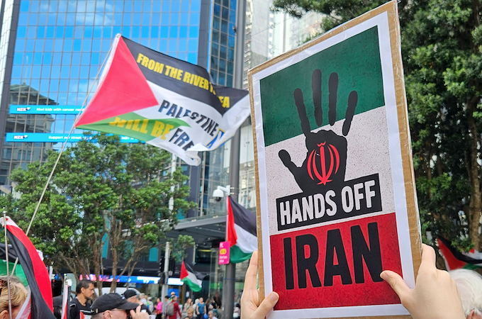 A "Hands Off Iran" placard at yesterday's Auckland rally