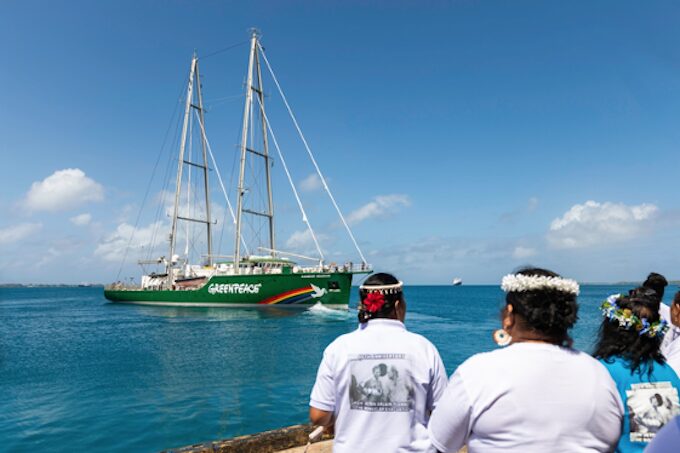 The Rainbow Warrior III arrives in Majuro on 11 March 2025 on the start of the six-week nuclear justice research voyage marking four decades since the evacuation of Rongelap