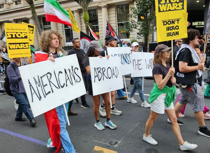 Americans Abroad Against The War protesters in today’s Auckland march against the US Consulate