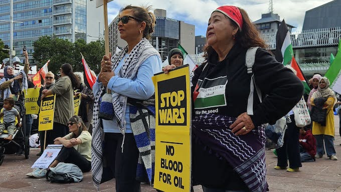 PSNA’s Del Abcede and other protesters in Aotea Square