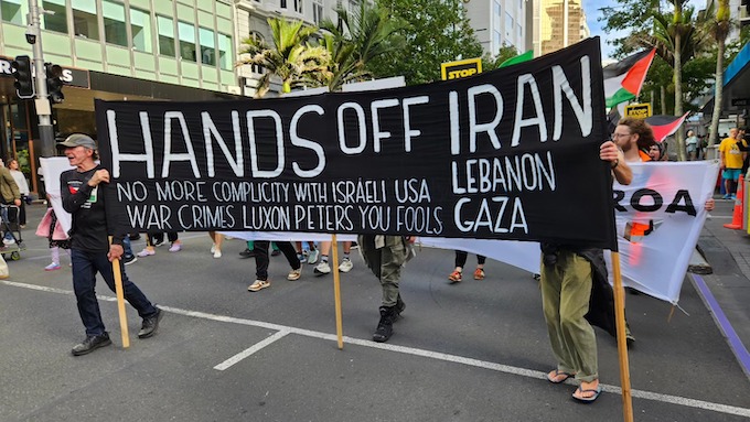 A “Hands off Iran” banner at Auckland’s “Stop Wars Aotearoa” rally 