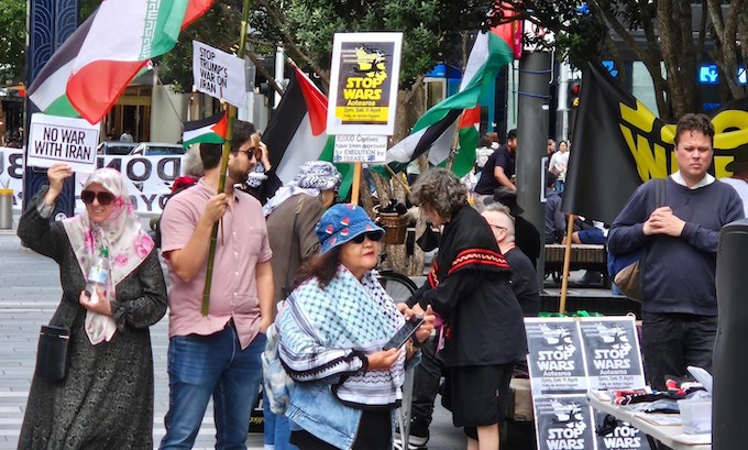 “No War With Iran” protesters in Auckland’s Te Komititanga Square today